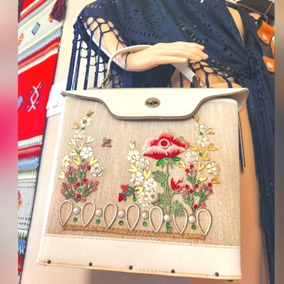 Vtg 60s EC Style Antique DIY Box Purse Bucket Embroidery Flowers Glitzy Handbag - Picture 9 of 16